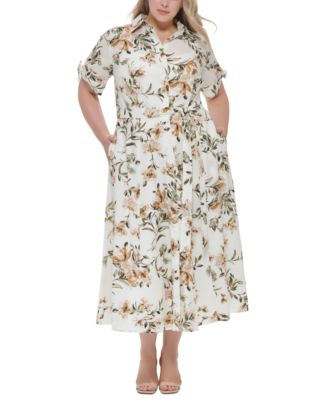 Calvin Klein - Plus Size Cotton Printed Tie-Waist Shirtdress