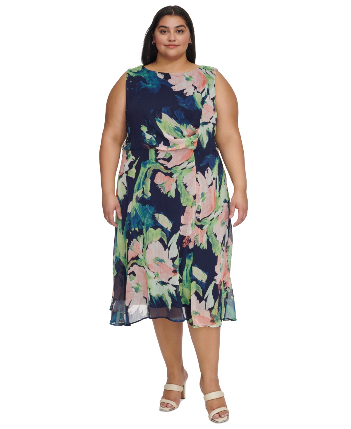 Dkny Plus Size Printed Side-ruched Sleeveless Chiffon Dress In Navy Multi
