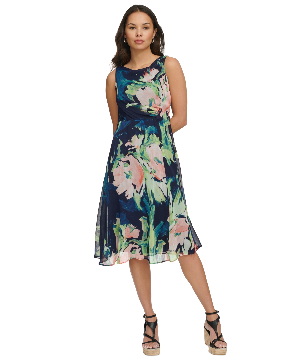 Dkny Petite Printed Boat-neck Side-ruched Dress In Navy Multi