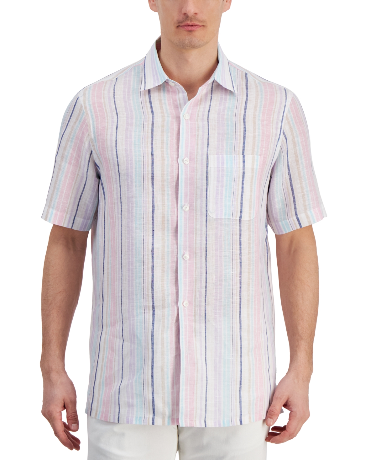 Men's Dart Striped Short-Sleeve Linen Shirt, Created for Macy's - Peony Cupcake