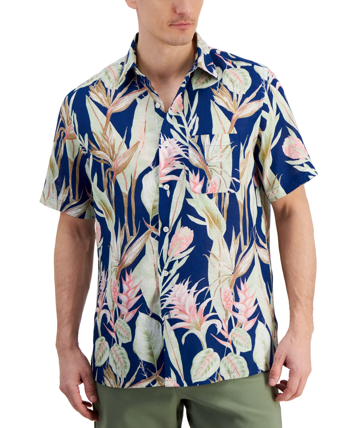 Men's Hero Short Sleeve Button Front Palm Print Linen Shirt, Created for Macy's - Peony Cupcake