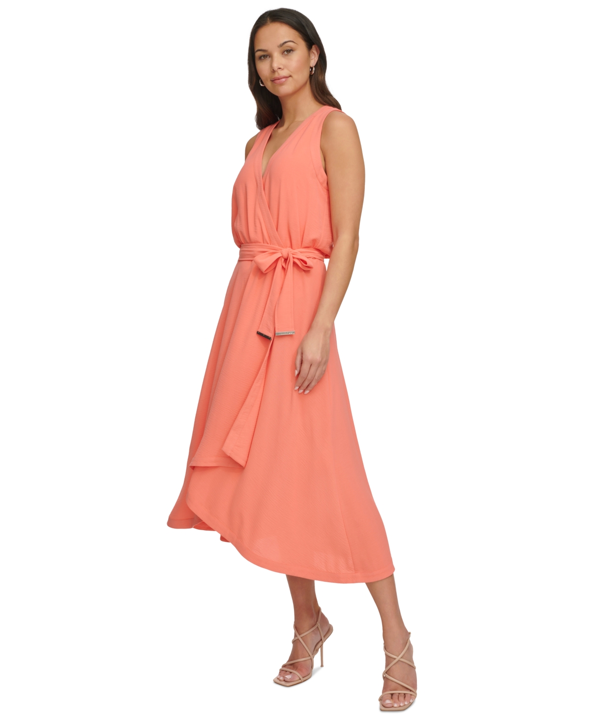Shop Dkny Women's Faux-wrap Sleeveless Tie-waist Midi Dress In Orange