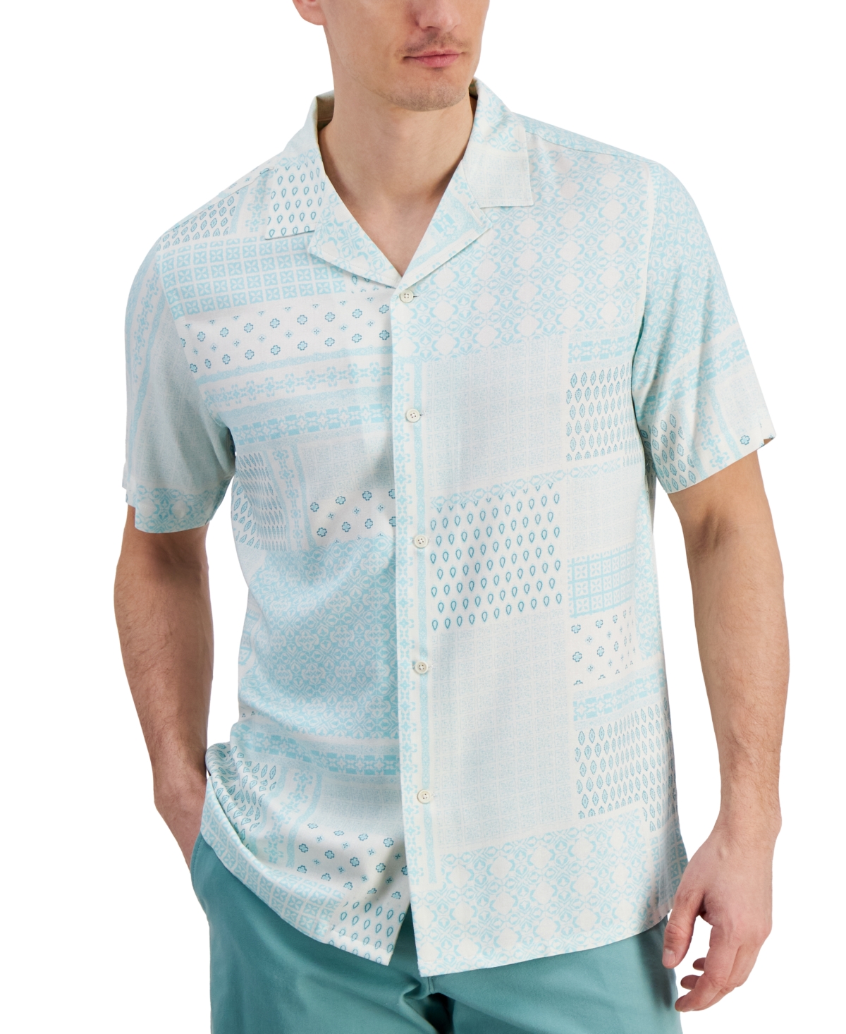 Men's Patchwork Geo-Print Resort Camp Shirt, Created for Macy's - Gentle Lagoon