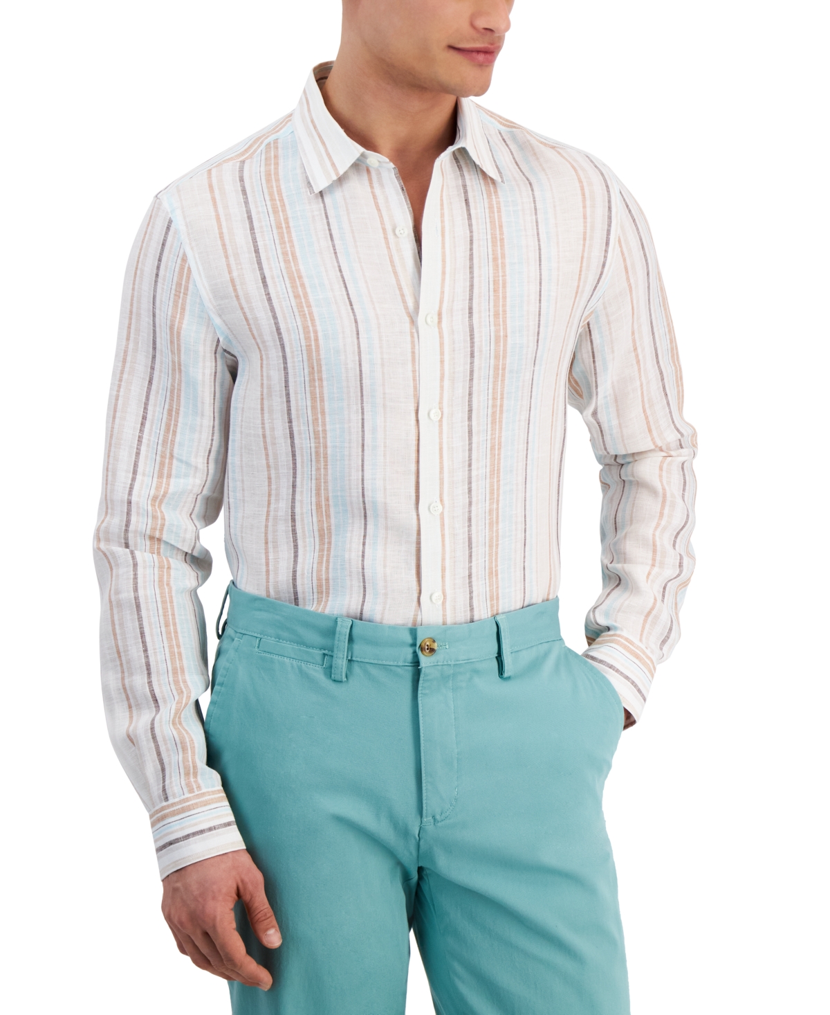 Men's Dart Stripe Linen Long-Sleeve Shirt, Created for Macy's - Almond Milk
