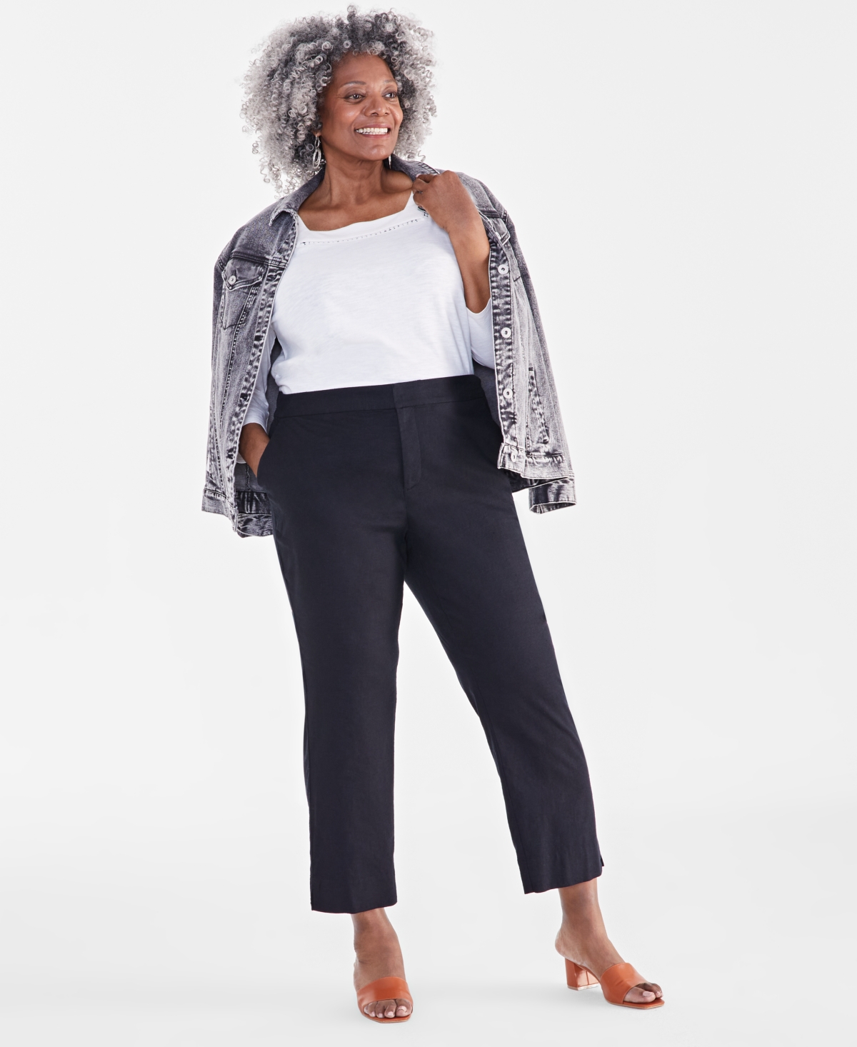 Plus Size Mid-Rise Linen Blend Everyday Ankle Pants, Created for Macy's - Shiitake