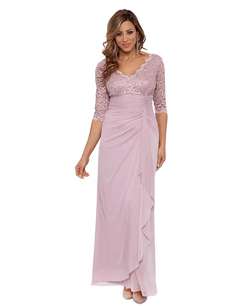 petite v-neck lace-bodice gown