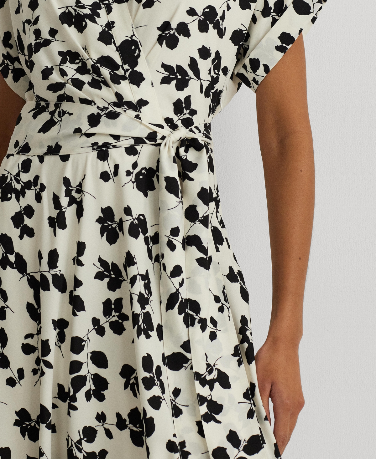 Shop Lauren Ralph Lauren Women's Leaf-print Belted Crepe Dress In Cream,black