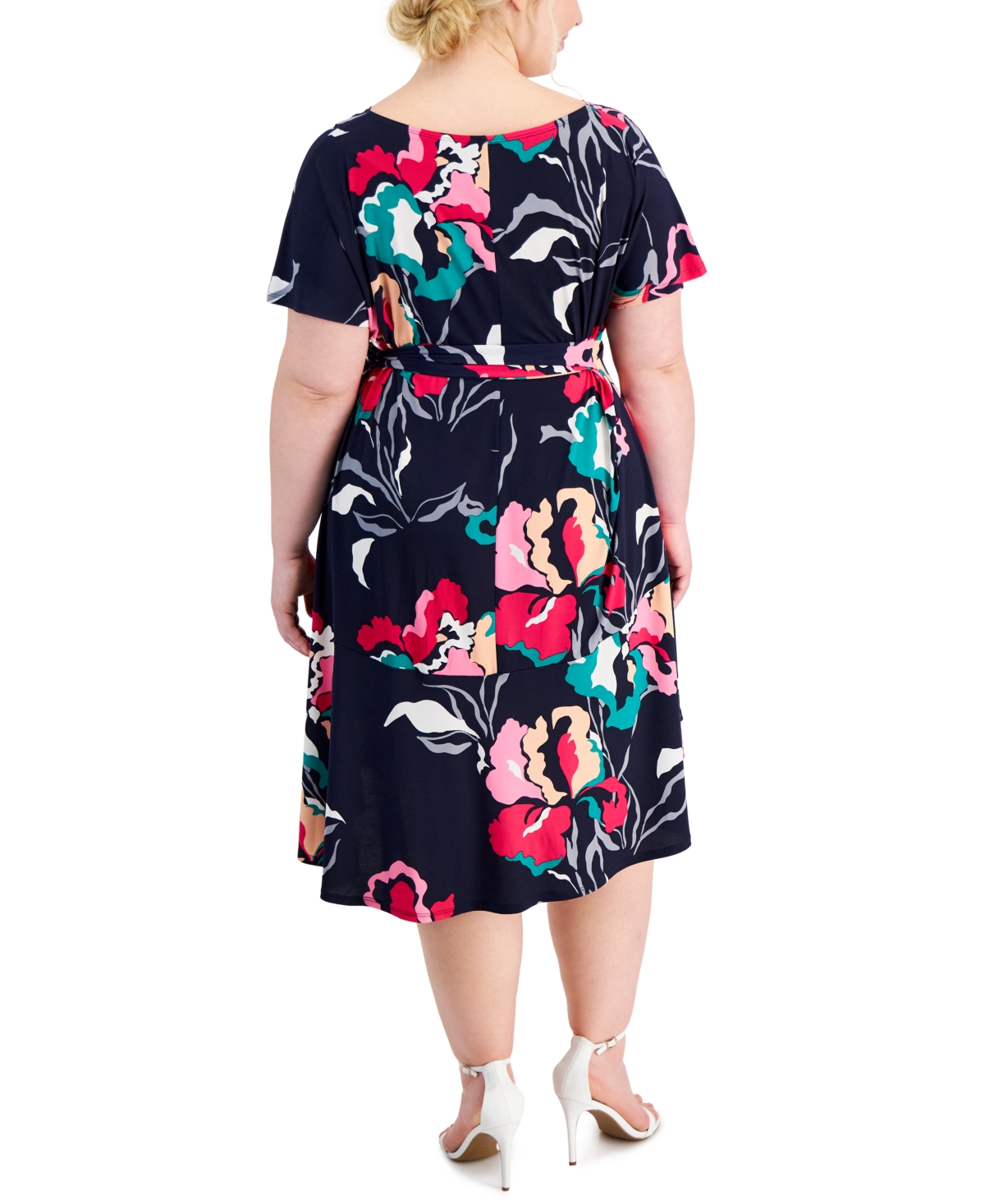 Shop Robbie Bee Plus Size Printed Tied-side Fit & Flare Dress In Navy,pink