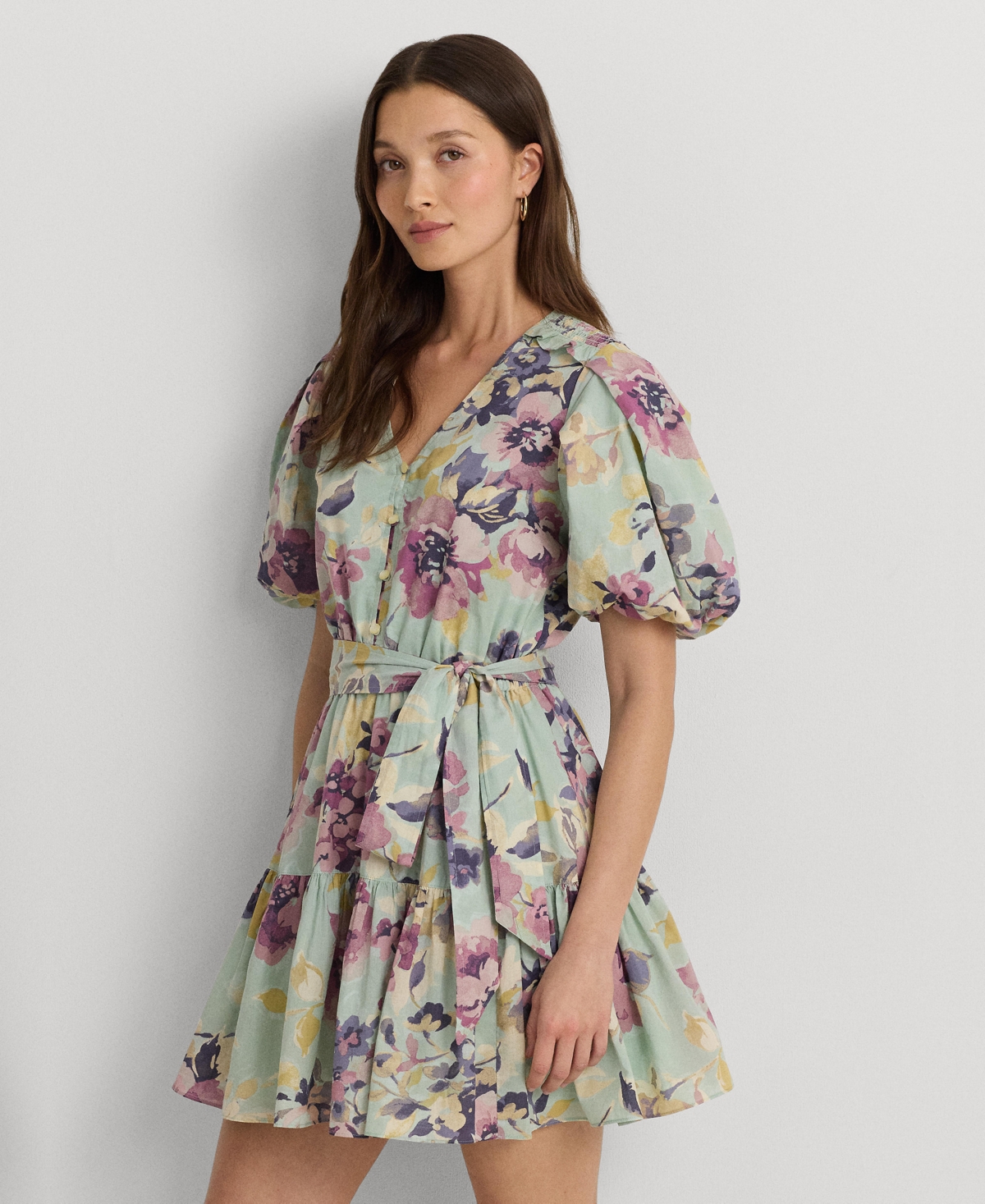 Shop Lauren Ralph Lauren Women's Floral Cotton Voile Puff-sleeve Dress In Soft Laurel Multi