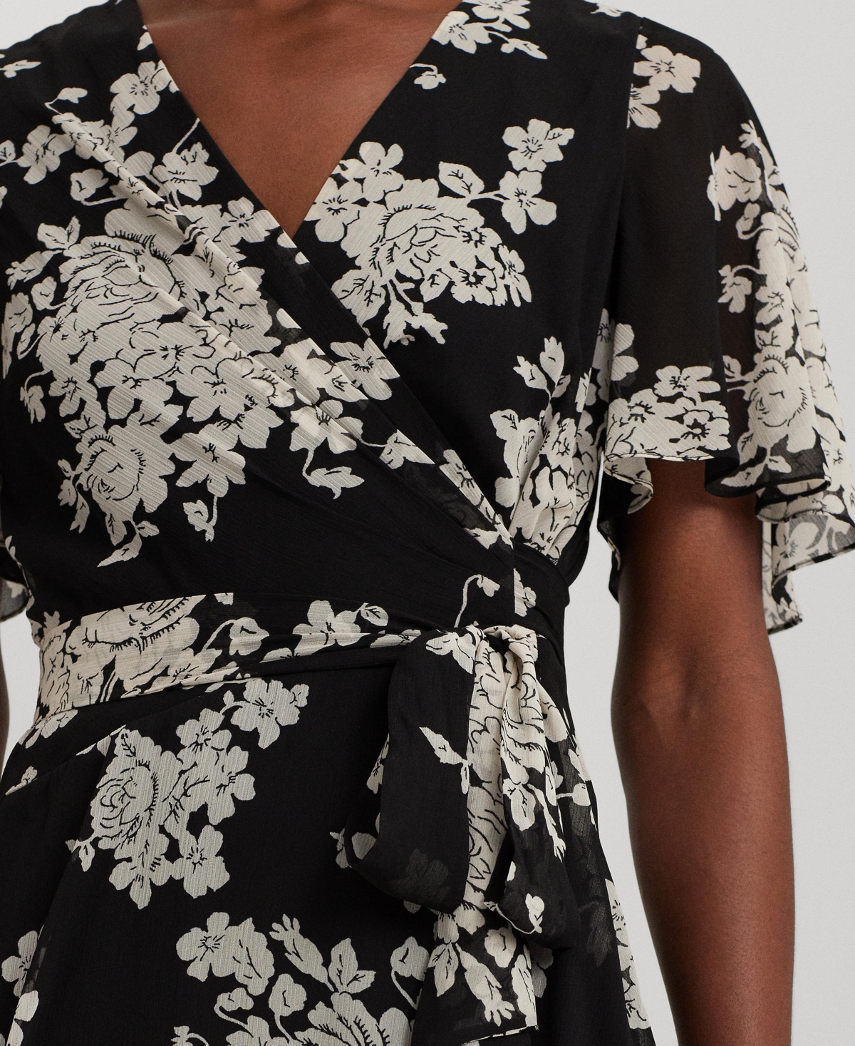 Shop Lauren Ralph Lauren Women's Floral Belted Crinkle Georgette Dress In Black,cream