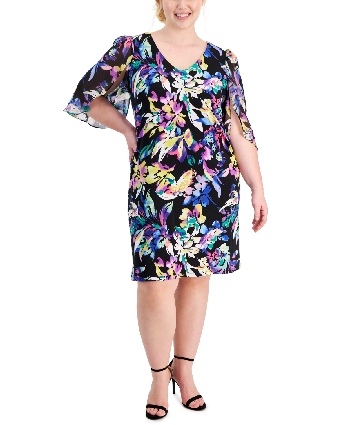 Shop Connected Plus Size Printed V-neck Cape-sleeve Dress In Maize