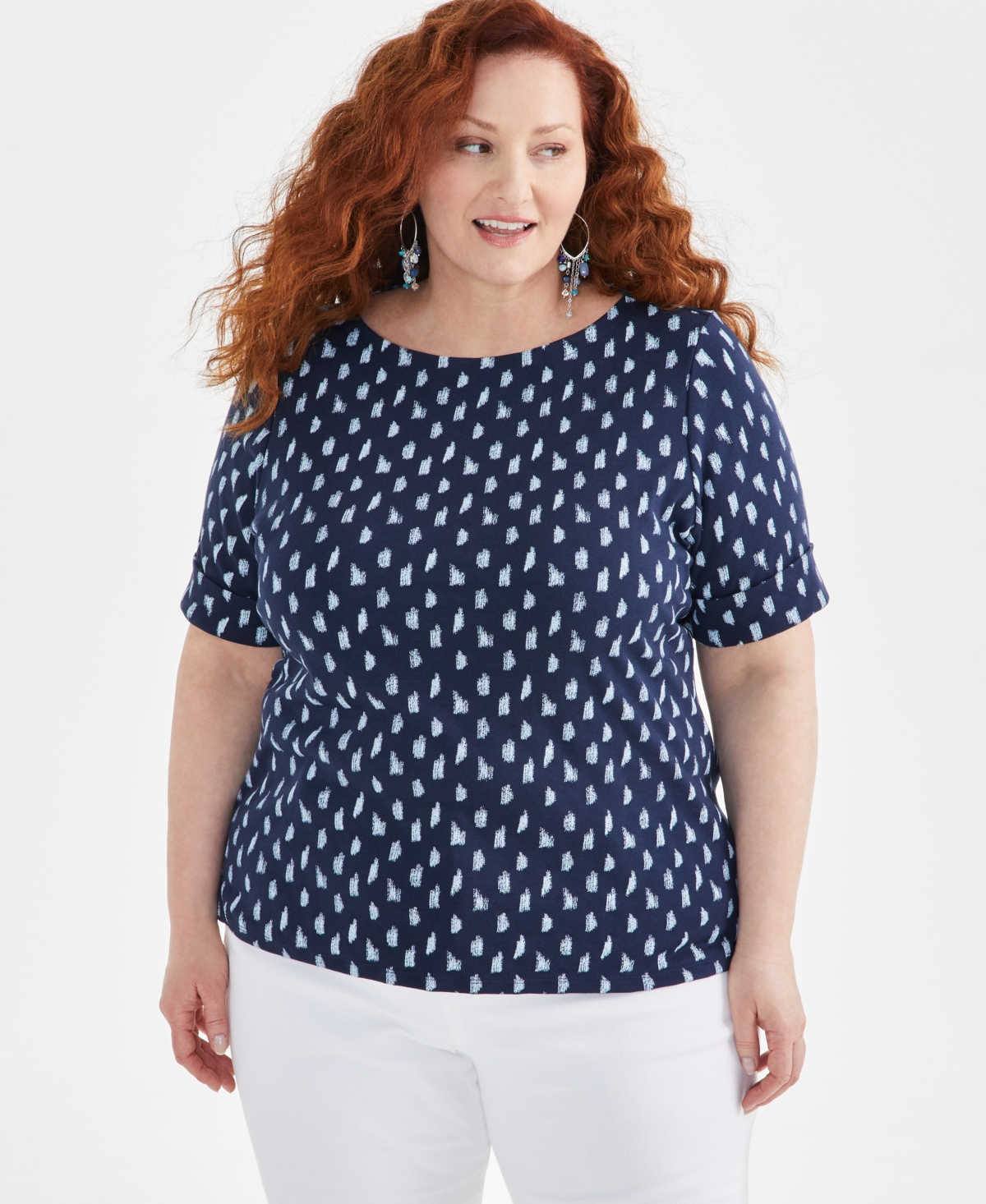 Plus Size Printed Elbow-Sleeve Top, Created for Macy's - Sketchy Blue