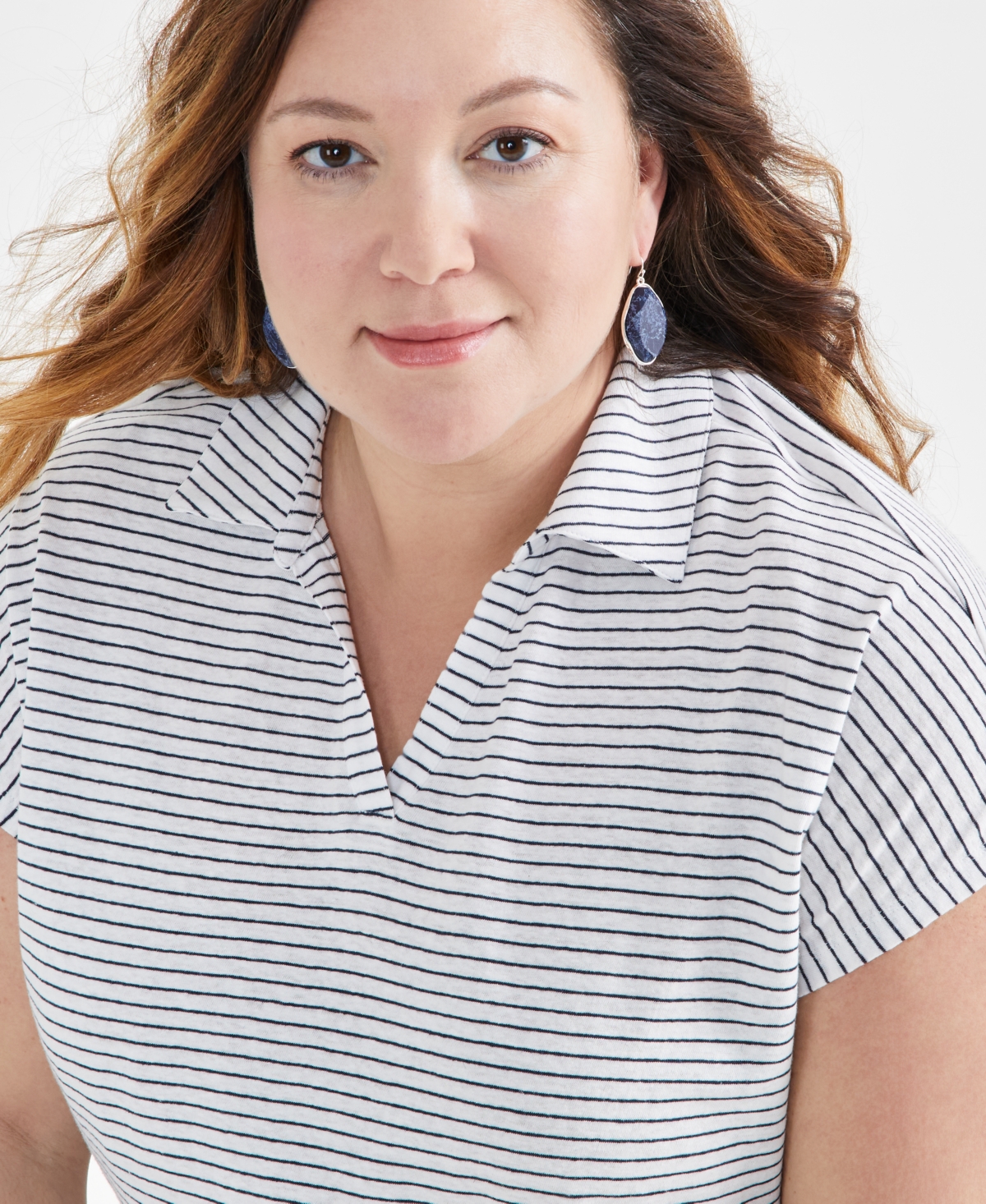 Style & Co Plus Size Stripe Linen Blend Polo T-Shirt, Created for Macy's
