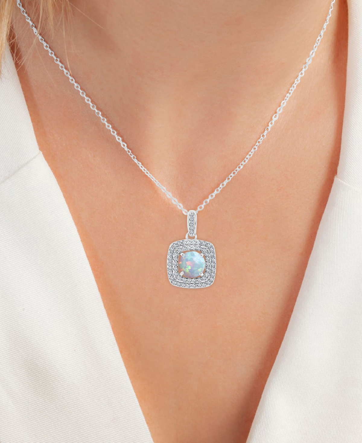 Macy's 2-pc. Set Lab-grown Opal (1-1/5 Ct. T.w.) & Lab-grown White Sapphire (7/8 Ct. T.w.) Square Halo Pend In Opal