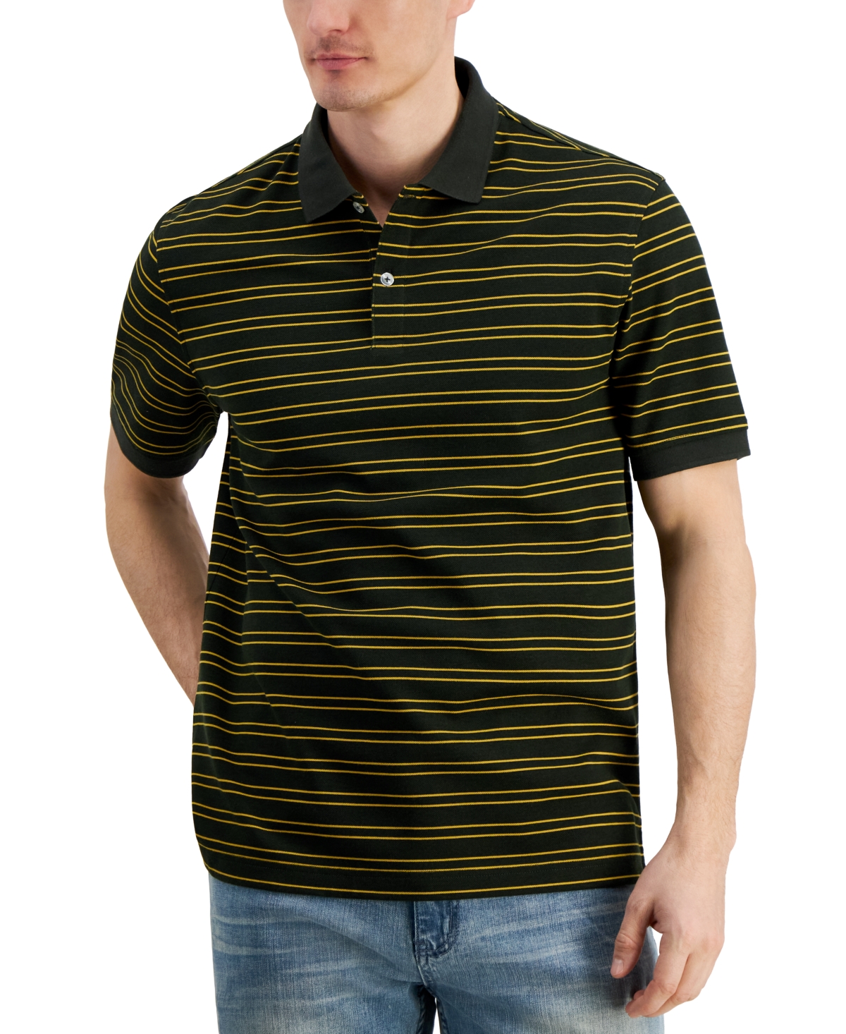 Shop Club Room Men's Regular-fit Stripe Performance Polo Shirt, Created For Macy's In Dark Ivy