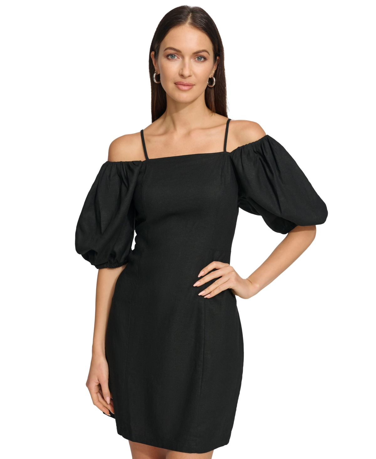 Shop Dkny Women's Puff-sleeve Linen-blend Dress In Black