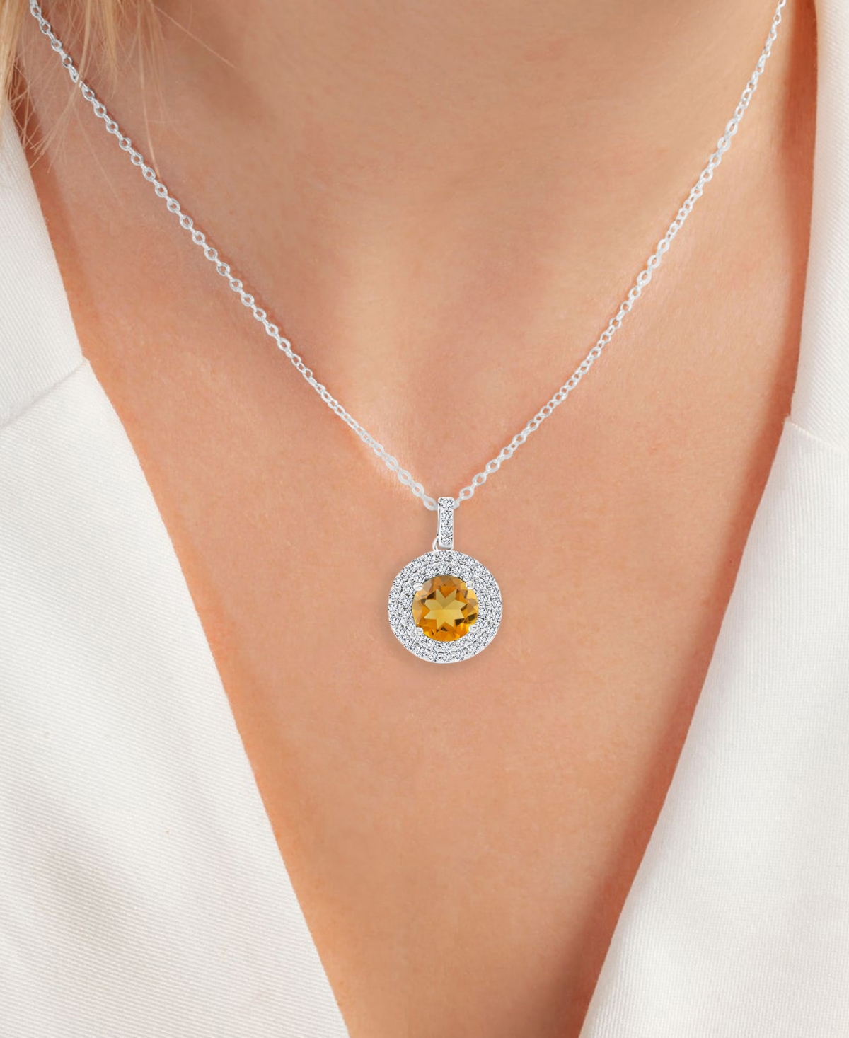 Shop Macy's 2-pc. Set Citrine (2-5/8 Ct. T.w.) & Lab-grown White Sapphire (1 Ct. T.w.) Halo Pendant Necklace & M