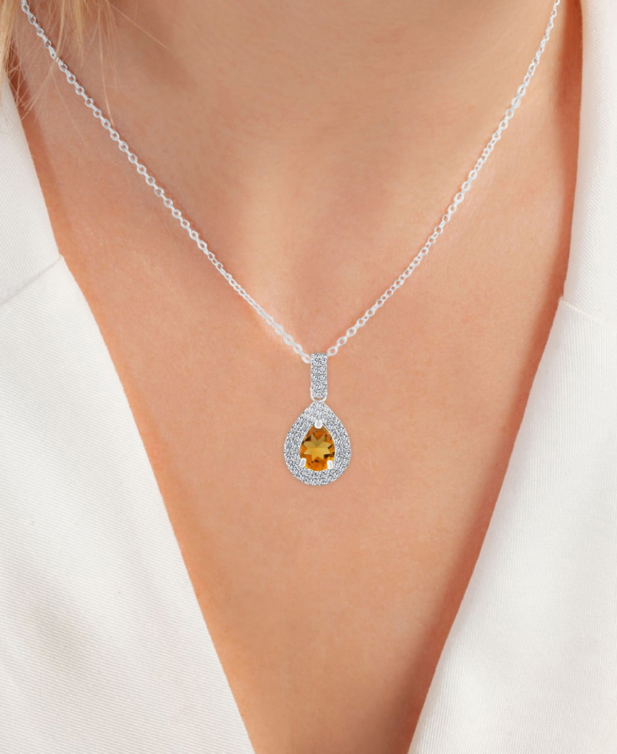 Shop Macy's 2-pc. Set Citrine (1-7/8 Ct. T.w.) & Lab-grown White Sapphire (1 Ct. T.w.) Teardrop Halo Pendant Nec