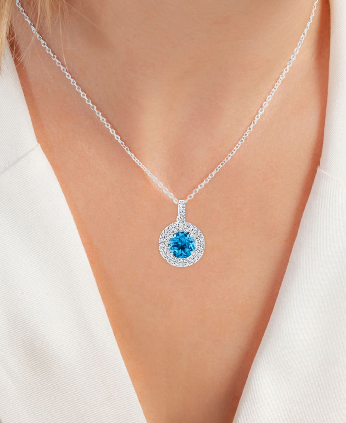 Macy's 2-pc. Set Swiss Blue Topaz (3-5/8 Ct. T.w.) & Lab-grown White Sapphire (1 Ct. T.w.) Halo Pendant Nec In Swiss Blue Topaz