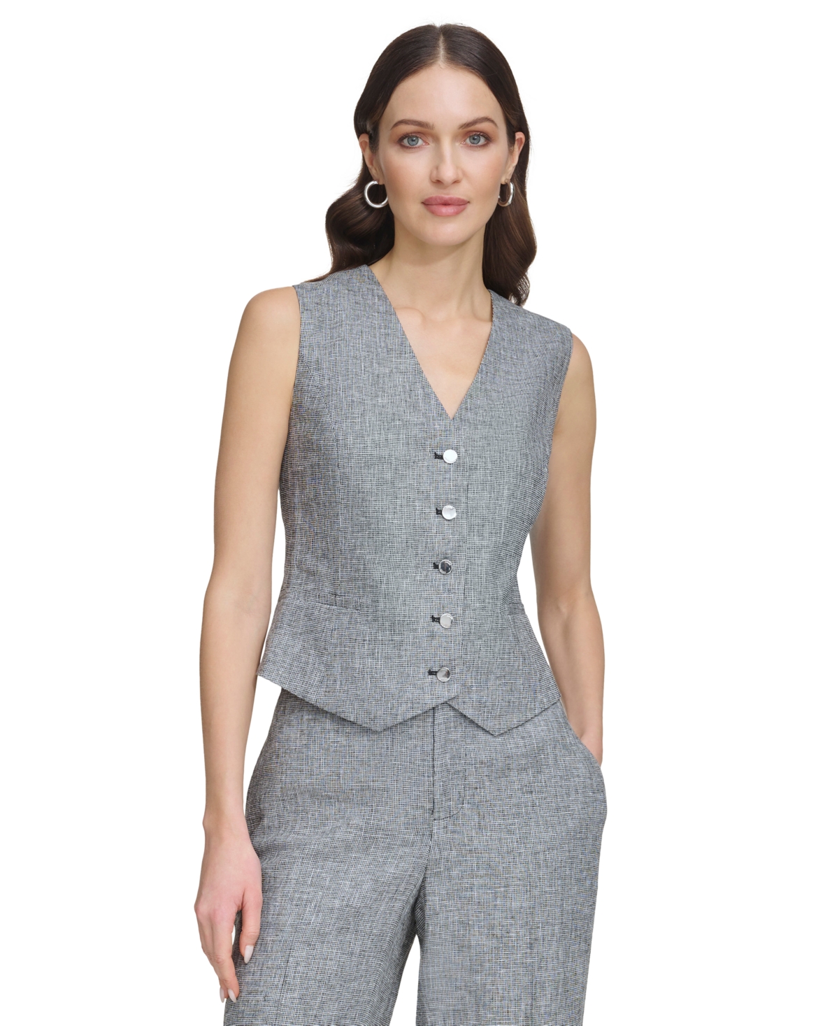 Shop Dkny Women's Window Pane Button-up Vest In Black,white