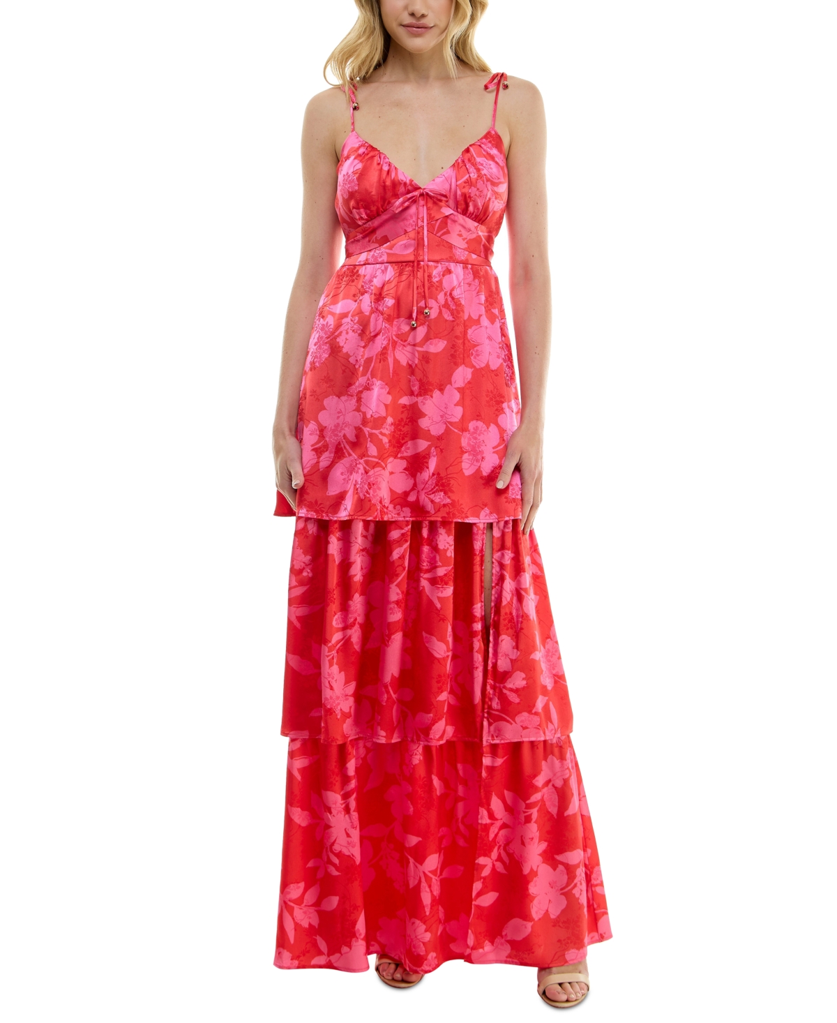 Juniors' Floral Tie-Strap Tiered Maxi Dress - Red/pink