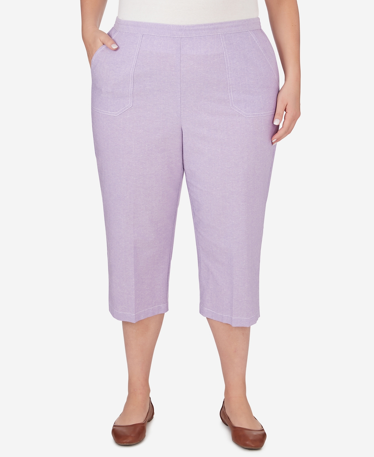Shop Alfred Dunner Plus Size Garden Party Chambray Pull-on Capri Pants In Lavender