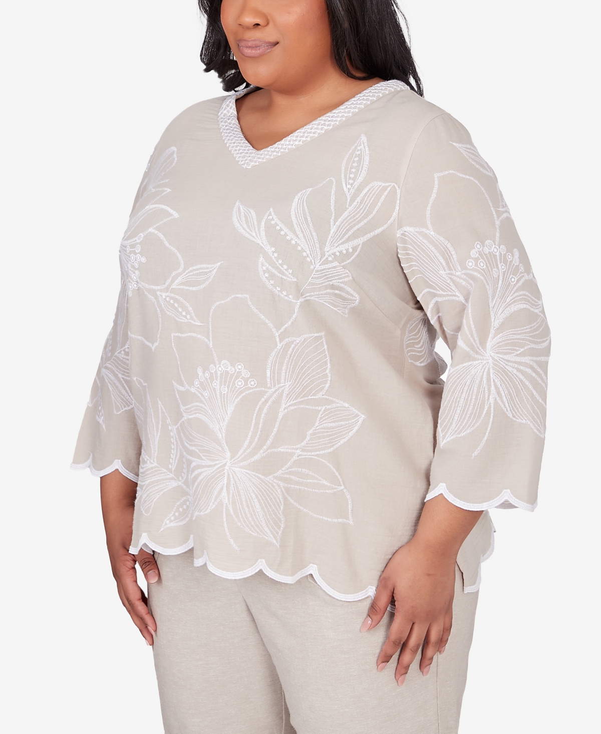 Alfred Dunner Plus Size Garden Party V-neck Embroidered Floral Top