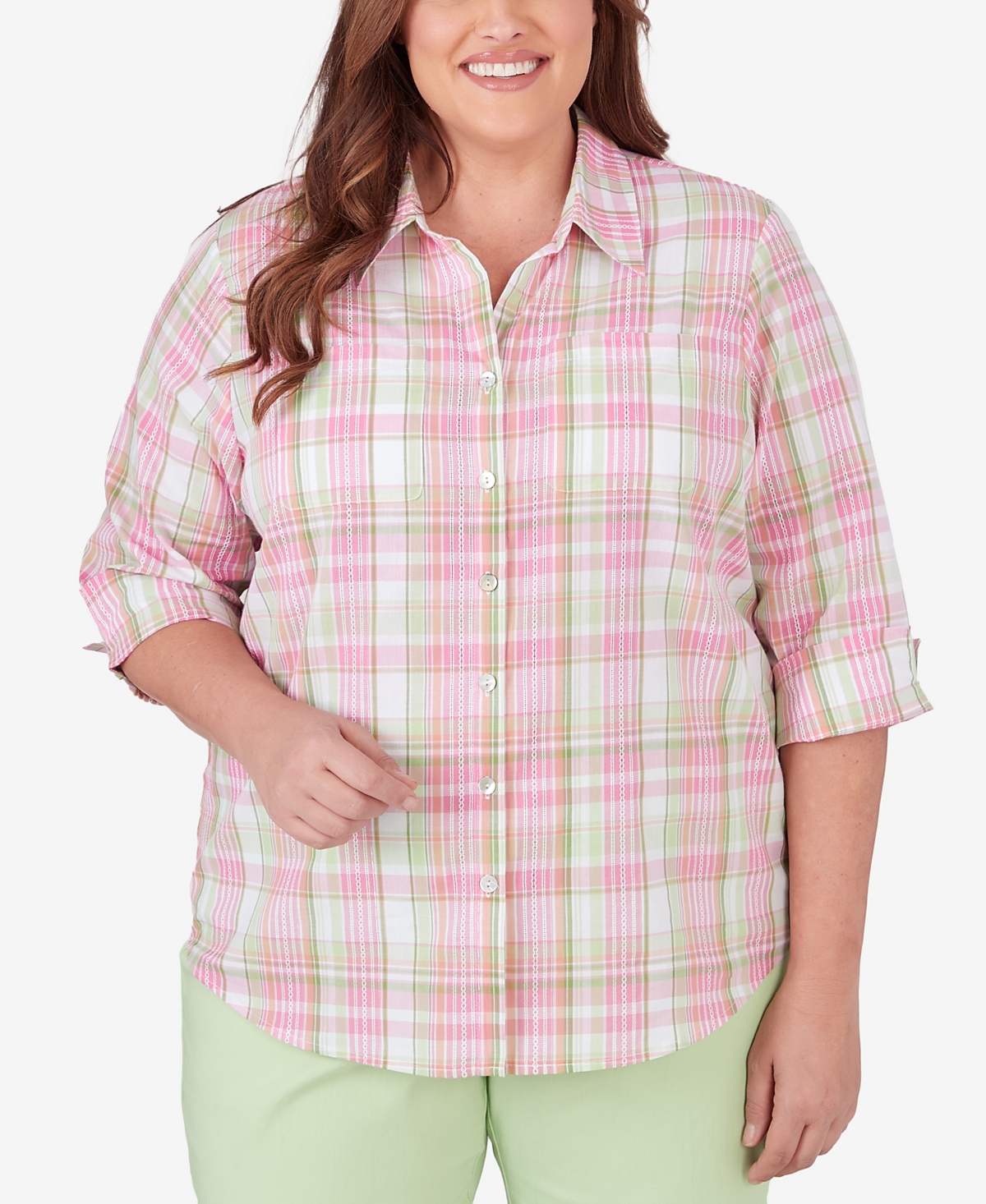 Shop Alfred Dunner Plus Size Miami Beach Button Down Plaid Blouse In Multi