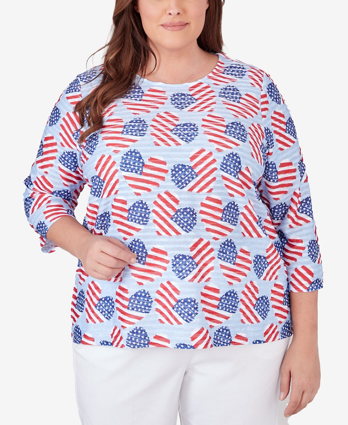 Shop Alfred Dunner Plus Size All American Flag Hearts Three Quarter Sleeve Shirt In Multi