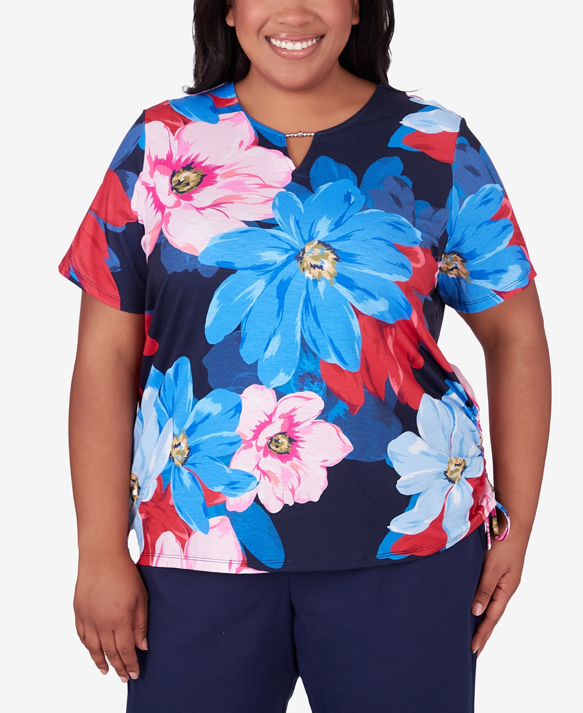 Shop Alfred Dunner Plus Size All American Dramatic Flower Short Sleeve Top With Ruching In Multi