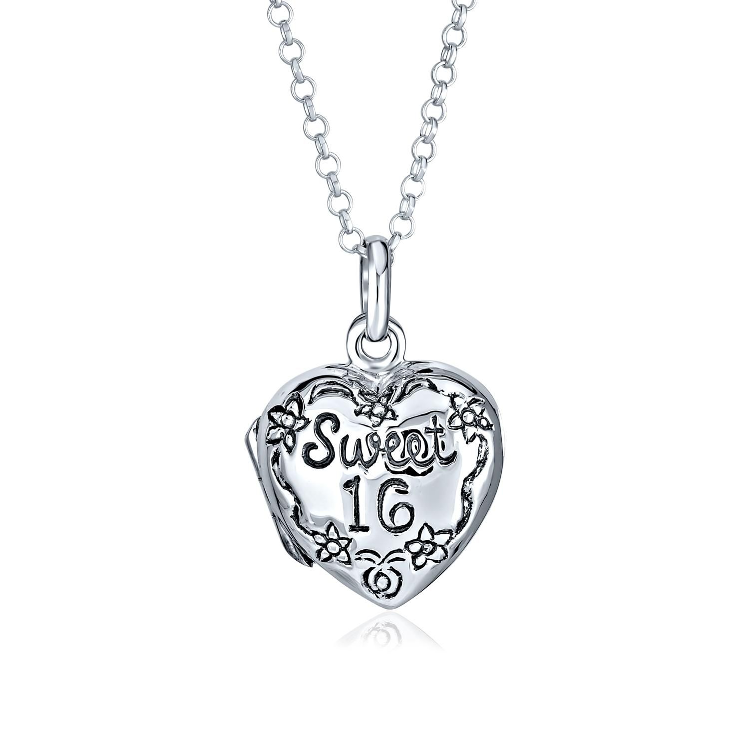 Sweet 16 Birthday Heart Flower Design Locket Necklace .925 Sterling Silver