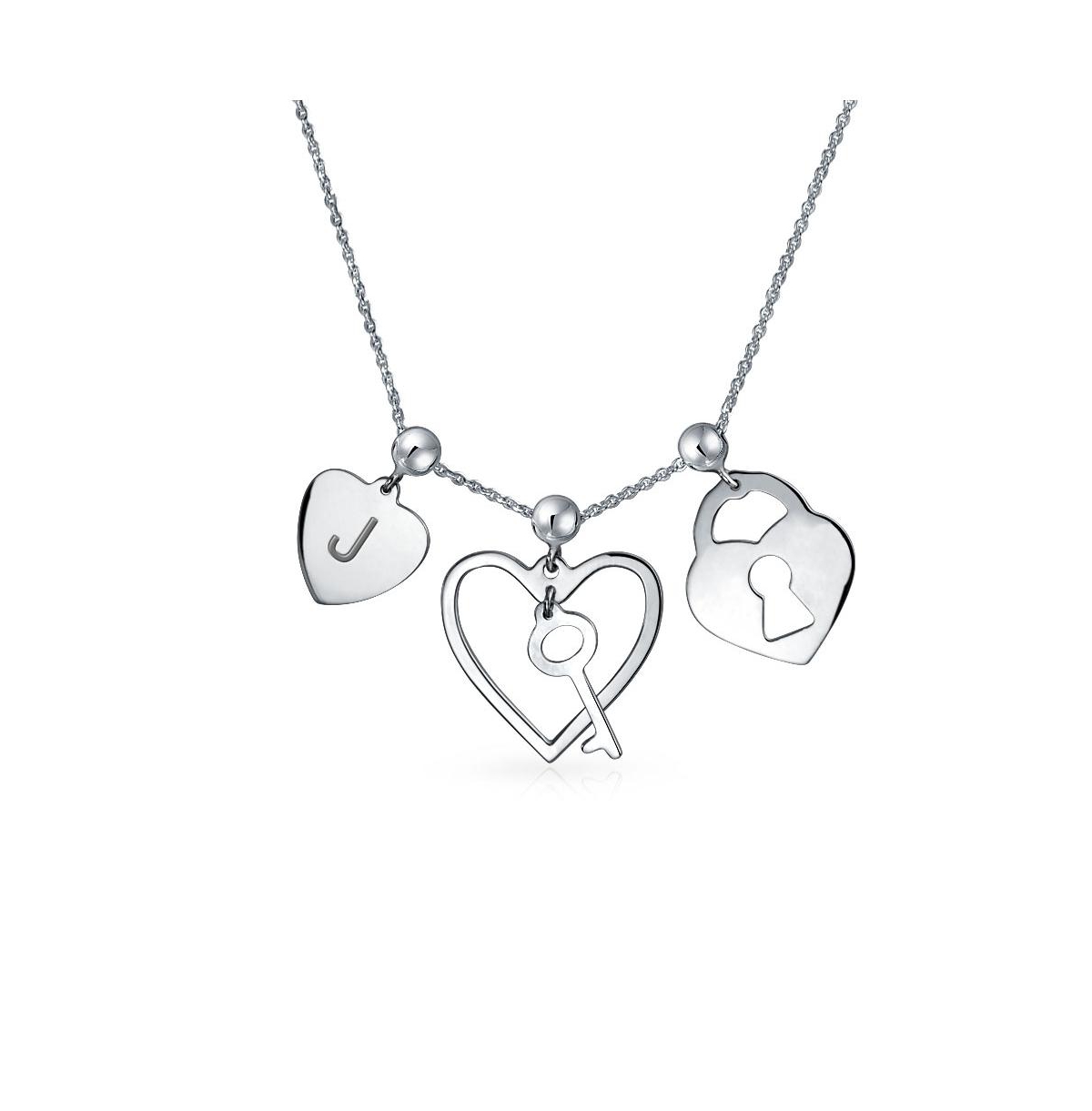 Love Lock And Key Heart 3 Charm Pendant Necklace .925 Sterling Silver