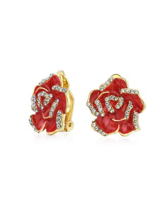 Set of 2 Pink Red Enamel Flower Crystal Edge Clip-On Earrings Gold Plated