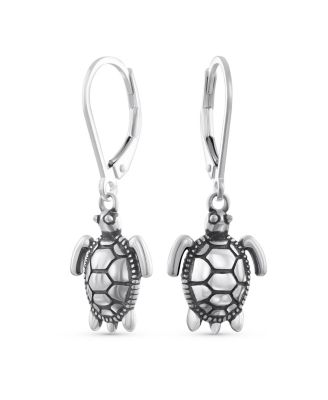 Honeymoon Vacation Tiny Nautical Hawaiian Sea Tortoise Beach Turtle Dangle Earrings Oxidized Sterling Silver