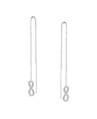 Geometric Figure Eight Long Pave CZ Ball Chain Love Knot Symbol Infinity Threader Earrings Sterling Silver