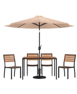 Calle 7 Piece Outdoor Faux Teak Poly Slat Outdoor Furniture Set - Table, 4 Chairs And Patio Umbrella And Base