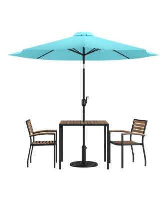 Hampstead Five Piece Faux Teak Patio Dining Set Includes Table, Two Club Chairs, 9' Patio Umbrella And Base