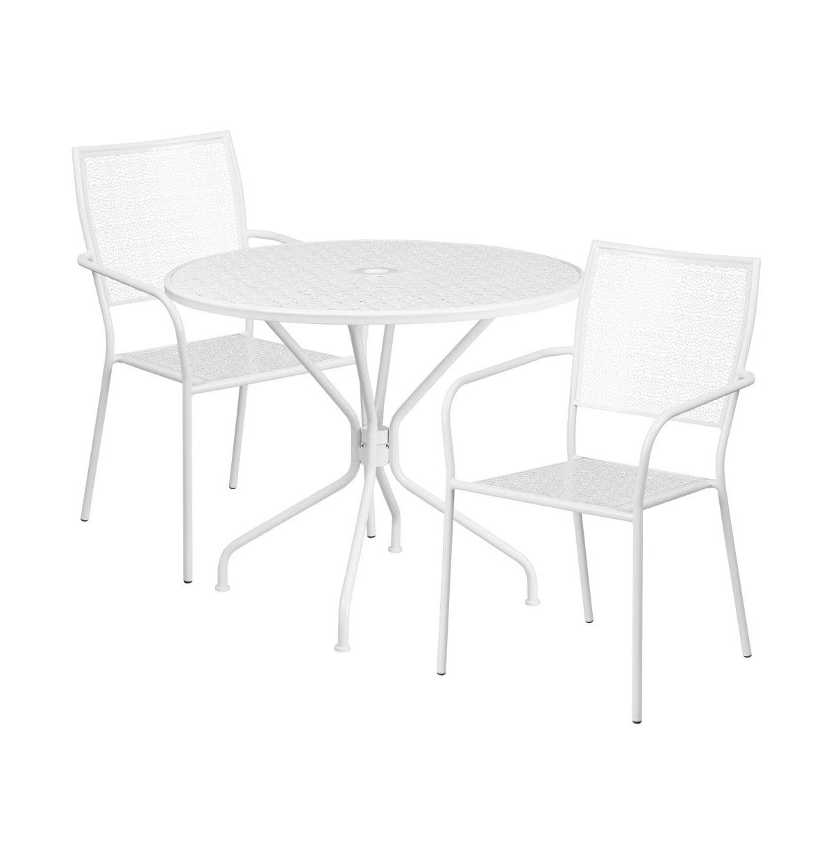 Commercial Grade Round Metal Garden Patio Table Set, 2 Square Back Chairs