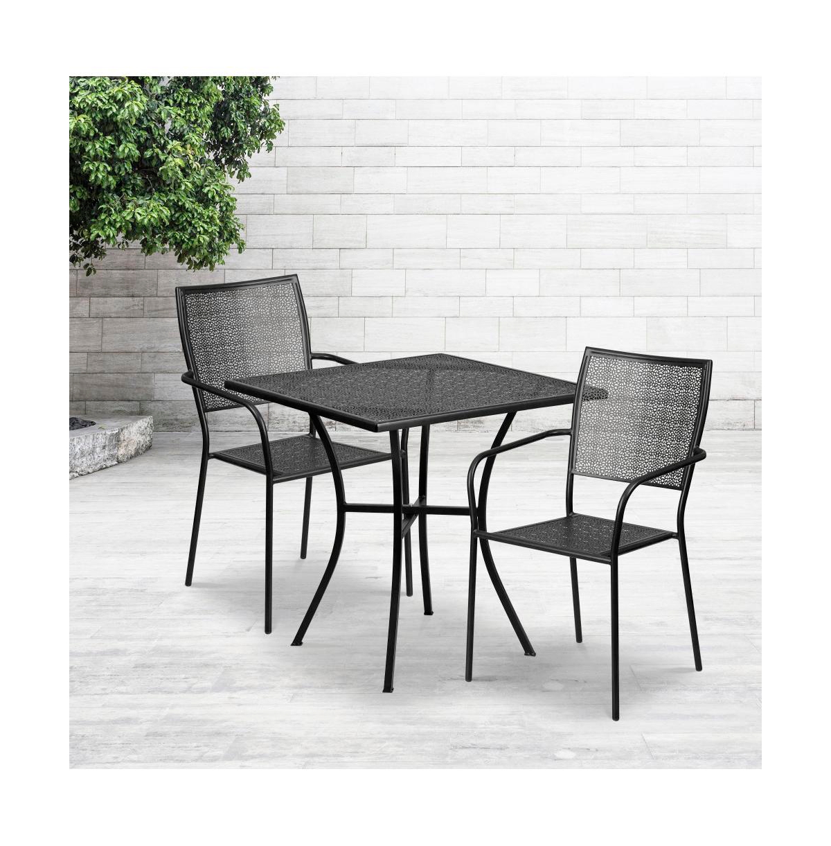 Commercial Grade Square Metal Garden Patio Table Set W/ 2 Square Back Chairs