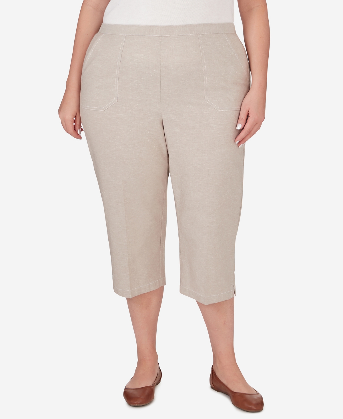 Shop Alfred Dunner Plus Size Garden Party Chambray Pull-on Capri Pants In Stone