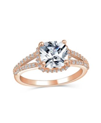 Classic 3CT CZ Halo Brilliant Solitaire Square Cushion Cut Engagement Ring With Split Shank Thin Band Rose Gold Plated Sterling Silver