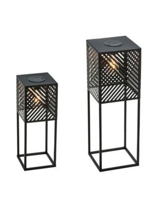 23.75" H, 17.75" H Set of 2 Metal Stripes Geometric Solar Powered Edison Bulb Outdoor Floor Lantern or Planter Stands
