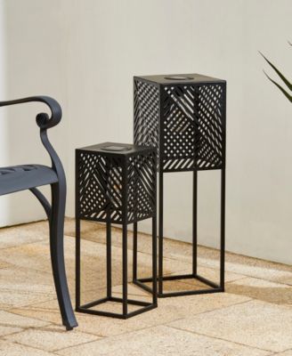 23.75" H, 17.75" H Set of 2 Metal Stripes Geometric Solar Powered Edison Bulb Outdoor Floor Lantern or Planter Stands