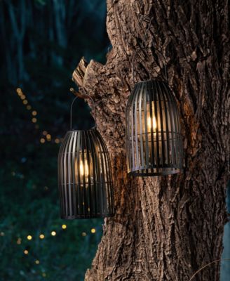 9.75" H Set of 2 Metal Stripes Solar Powered Edison Bulb Outdoor Hanging Lantern