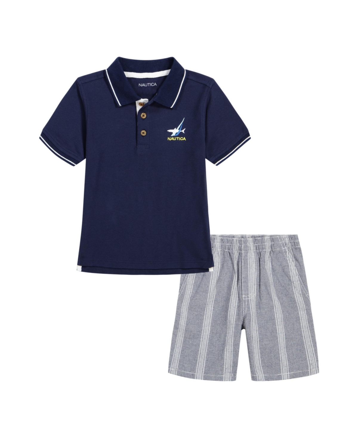 Nautica Kids' Little Boys Tipped Pique Polo Shirt And Prewashed Plaid Shorts, 2 Pc Set In Navy,gray