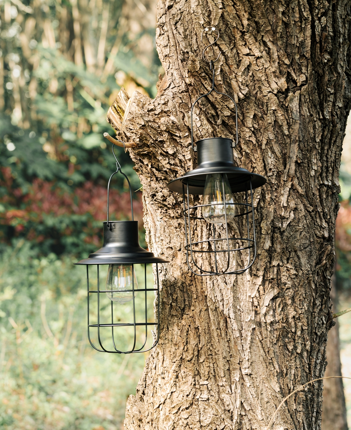 Glitzhome H Set of 2 Industrial-Style Metal Wire Solar Powered Edison Bulb Outdoor Hanging Lantern