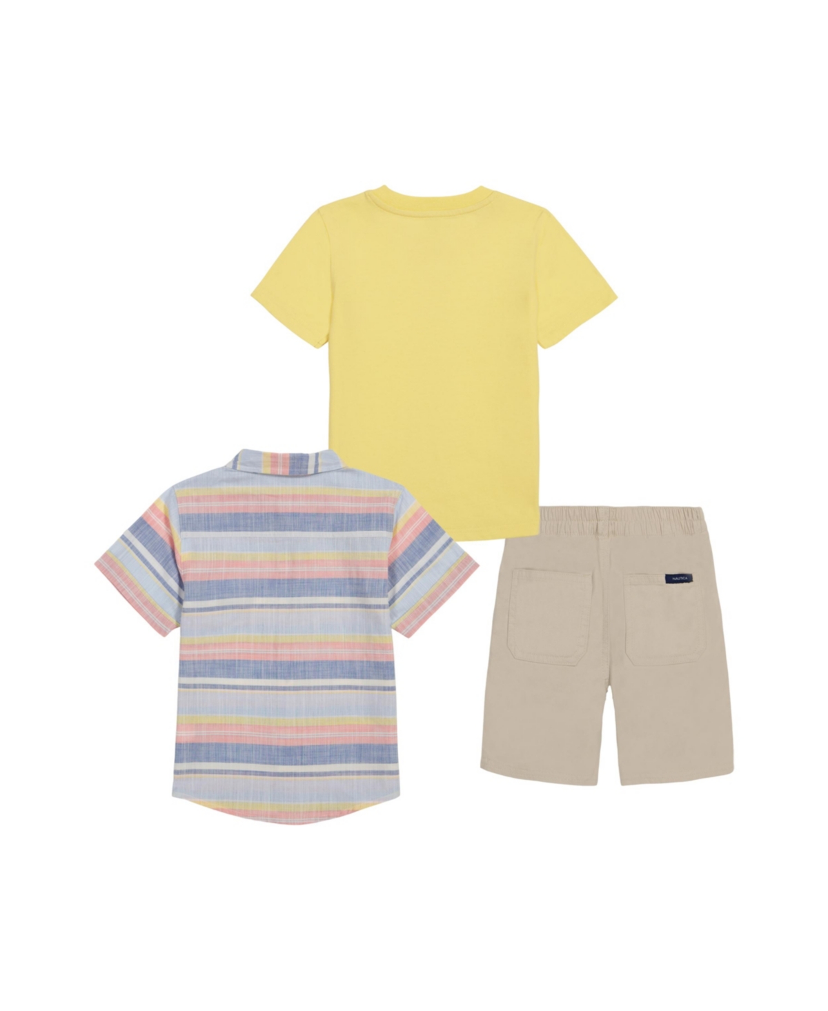 Shop Nautica Little Sizes Boys Short Sleeve T-shirt, Multi-stripe Gauze Shirt And Twill Shorts, 3 Pc Set In Yellow,blue