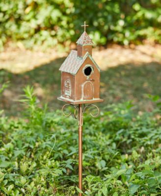 53"H Farmhouse Faux Copper Distressed Metal Church Outdoor Decorative Garden Birdhouse with Stake
