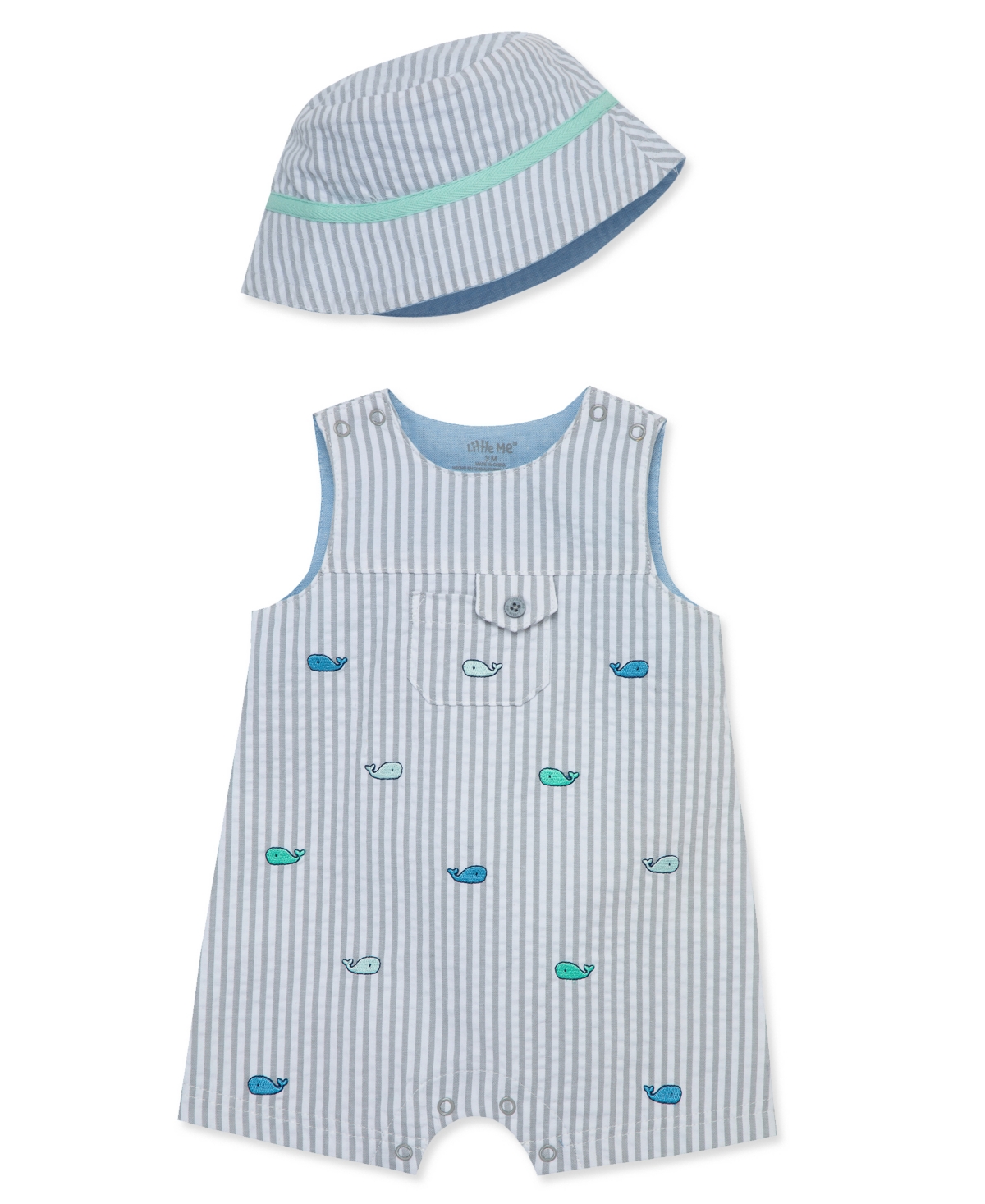 Little Me Baby Boys Whales Sunsuit With Hat In Gray