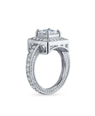 2CT Art Deco Style Cubic Zirconia Milgrain Princess Cut Square Halo CZ Promise Ring With Eternity Band Sterling Silver